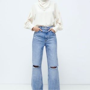 Zara Ripped Knee High Rise Wide Leg Jean